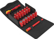 Set of red sockets and tools on a black mat with a white background