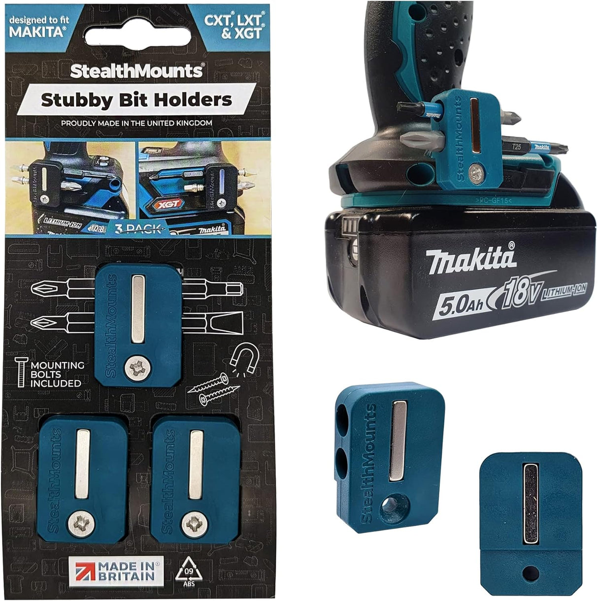 StealthMount BH-MK-S-BLU Stubby Magnetic Bit Holder for Makita CXT, LXT & XGT Tools (3 Pack) Teal