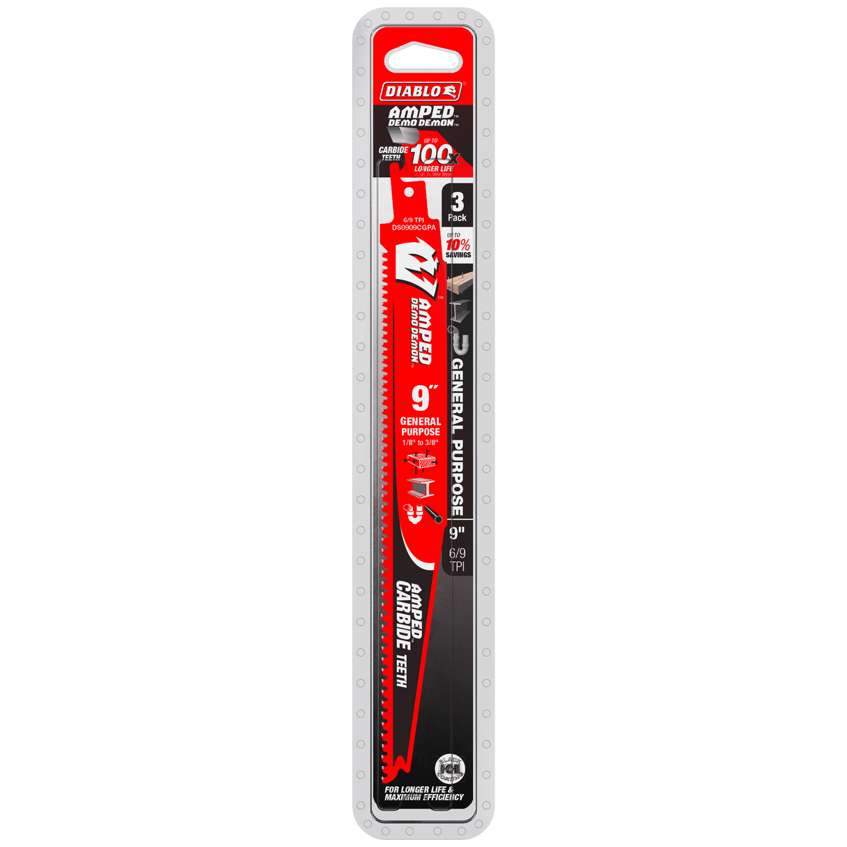 DIABLO DS0909CGPA3 9" 6/9TPI AMPED™ Demo Demon™ Carbide Teeth Reciprocating Saw Blades for General Purpose Cuts (3-pk)