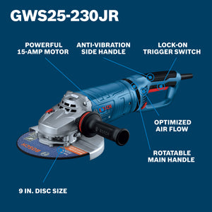 BOSCH GWS25-230JR 9 In. Large Angle Grinder – 15 Amp W/ Lock-On Trigger Switch and Rotatable Main Handle