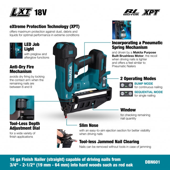 Makita DBN601Z 18V LXT Brushless 2-1/2" 16 ga Straight Finish Nailer - Tool Only