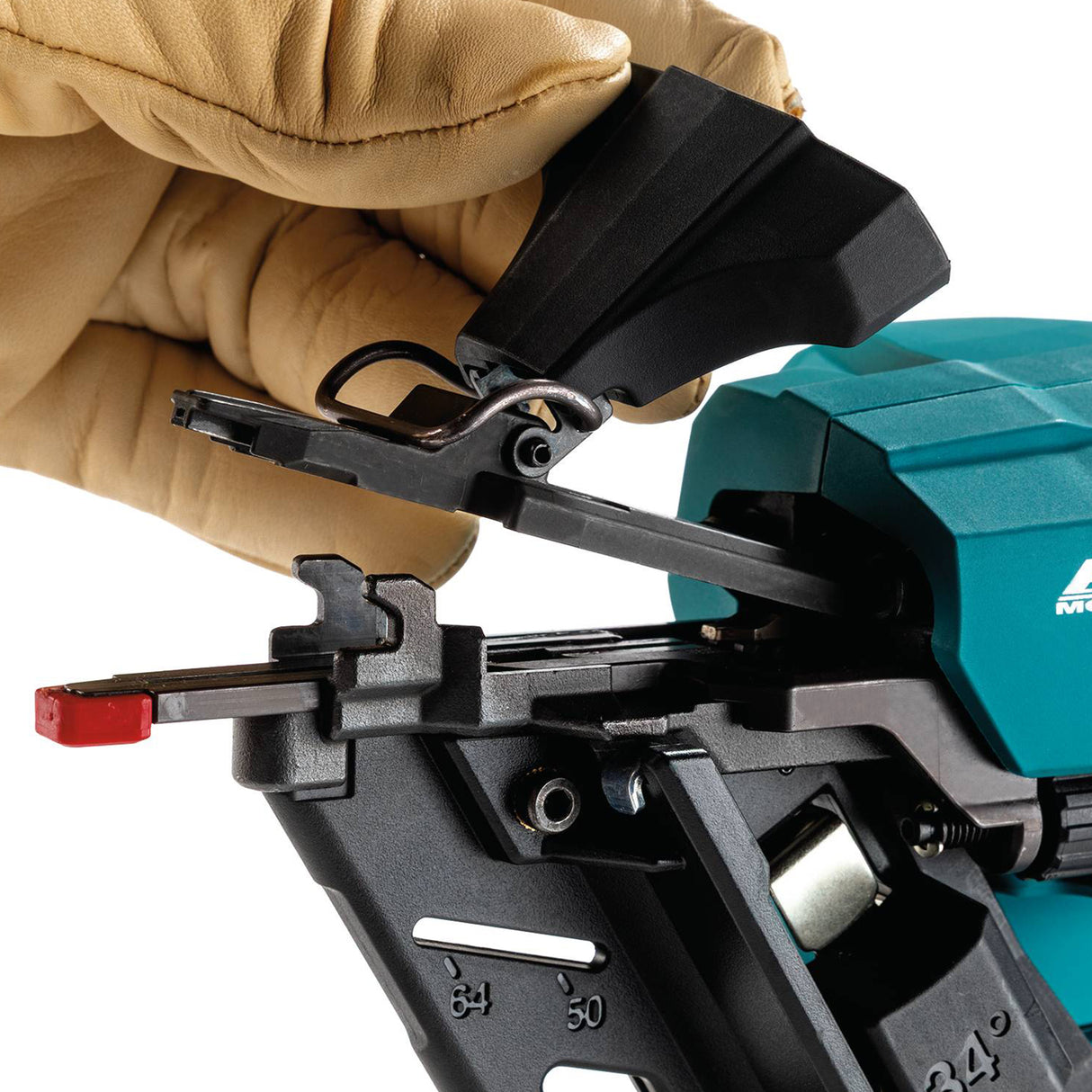 Close-up of a person wearing a glove holding a tool with a brand logo on a white background