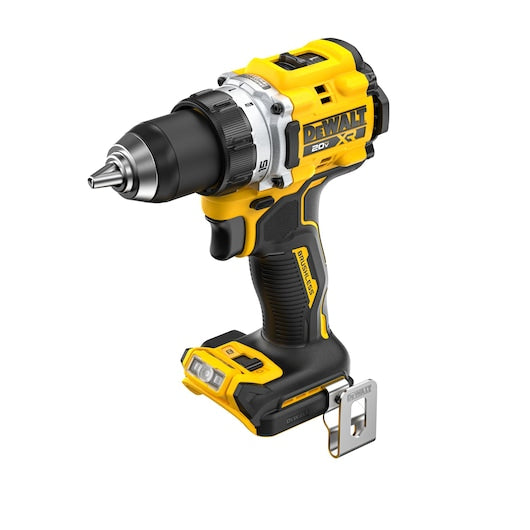 Yellow and black cordless drill with additional tool attachment on a white background