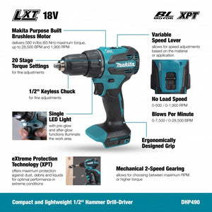 Makita DHP490Y01 18V LXT Brushless 1/2" Hammer Drill-Driver, Compact Kit