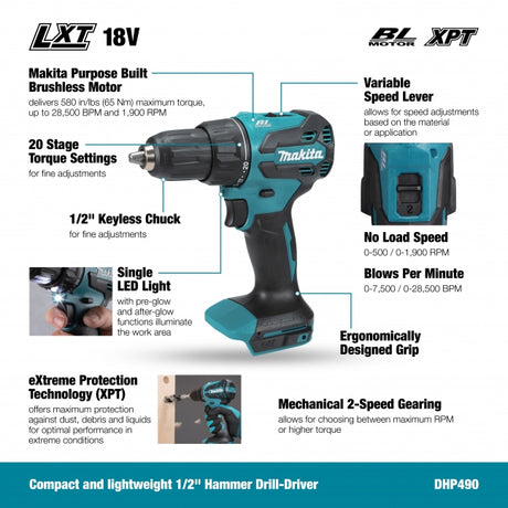 Makita DHP490Y01 18V LXT Brushless 1/2" Hammer Drill-Driver, Compact Kit