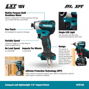 Makita DTD158Y01 18V LXT Brushless 1/4" Impact Driver Compact Kit