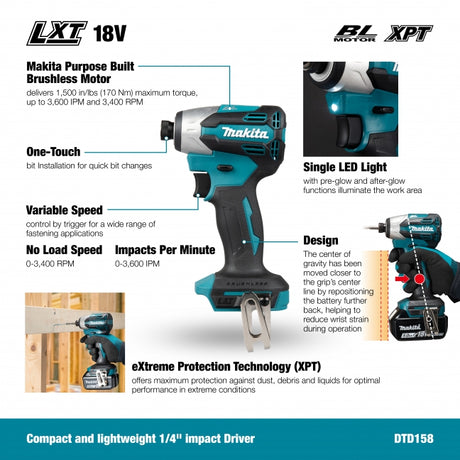 Makita DTD158Y01 18V LXT Brushless 1/4" Impact Driver Compact Kit