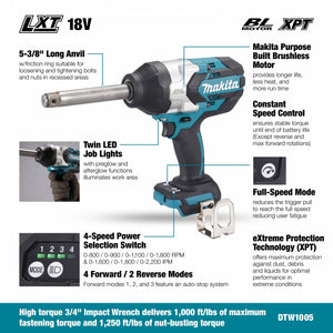 Makita DTW1005Z 18V LXT Brushless 3/4" Long Anvil High Torque Impact Wrench - Tool Only