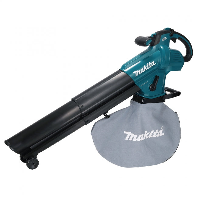 Makita leaf blower with dust bag on a white background
