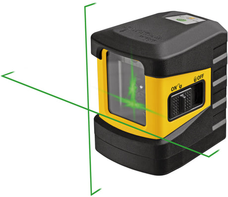 Yellow and black laser level with green laser line on a white background