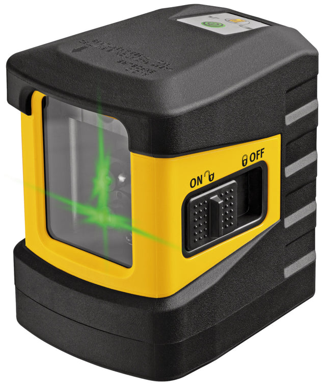 Black and yellow laser level with green laser beam on a white background