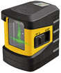Black and yellow laser level with green laser beam on a white background