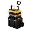 Stack of black and yellow DEWALT toolboxes with wheels on a white background