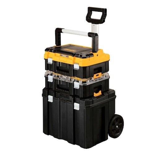 Stack of black and yellow DEWALT toolboxes with wheels on a white background