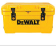 A yellow DeWalt hard-sided cooler or storage box with black latches and the DeWalt logo printed on the front, shown against a plain white background.