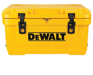 A yellow DeWalt hard-sided cooler or storage box with black latches and the DeWalt logo printed on the front, shown against a plain white background.