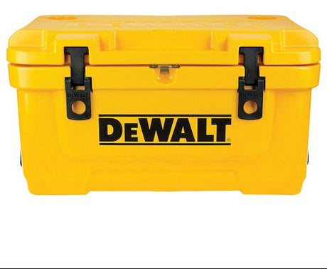 A yellow DeWalt hard-sided cooler or storage box with black latches and the DeWalt logo printed on the front, shown against a plain white background.
