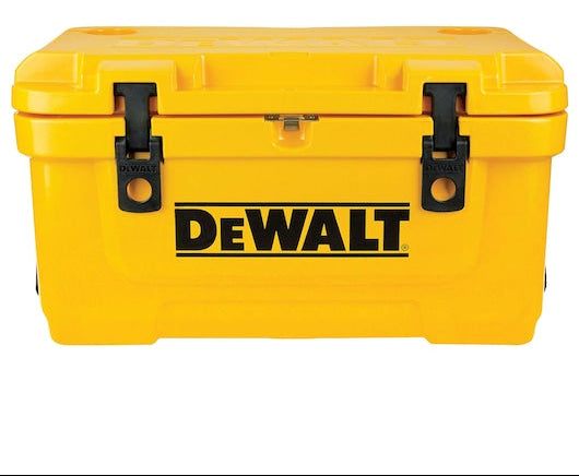 A yellow DeWalt hard-sided cooler or storage box with black latches and the DeWalt logo printed on the front, shown against a plain white background.