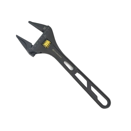 Black adjustable wrench on a light gray background