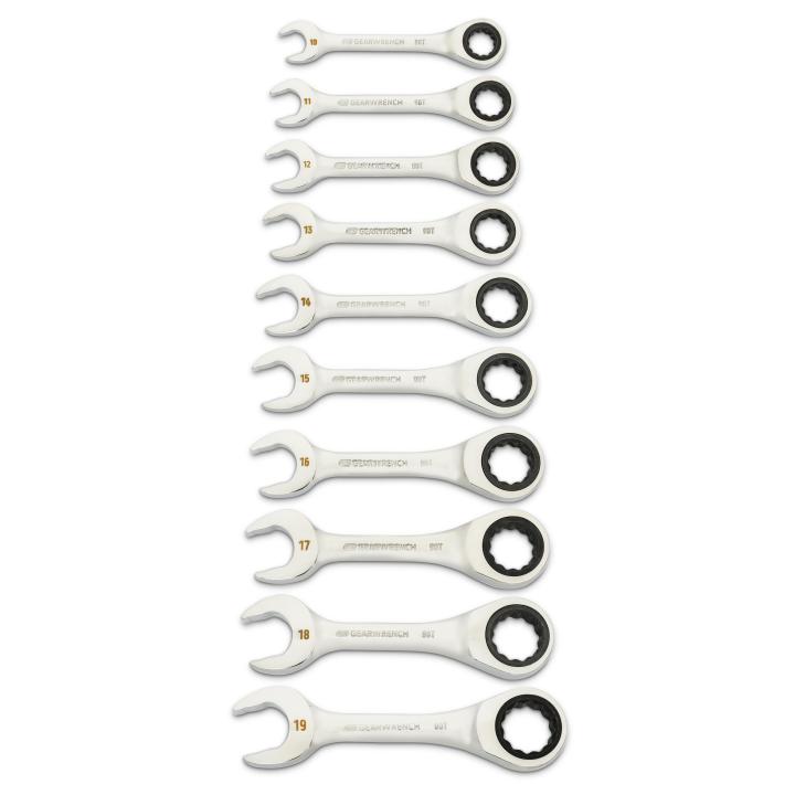 GEARWRENCH 86850 10 Piece 90-Tooth 12 Point Metric Stubby Ratcheting Combination Wrench Set