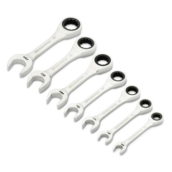 GEARWRENCH 86858 7 Piece 90-Tooth 12 Point SAE Stubby Ratcheting Combination Wrench Set