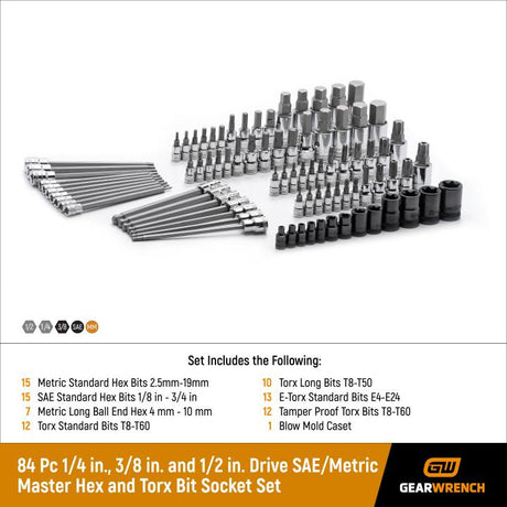 GEARWRENCH 80742 84 Piece 1/4", 3/8" & 1/2" Drive Hex/Ball End Hex/Tamper Proof Torx®/External Torx®/Torx® SAE/Metric Bit Set