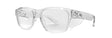 Clear eyeglasses with 'DK' branding on a light gray background