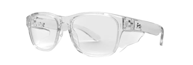 Clear eyeglasses with 'DK' branding on a light gray background