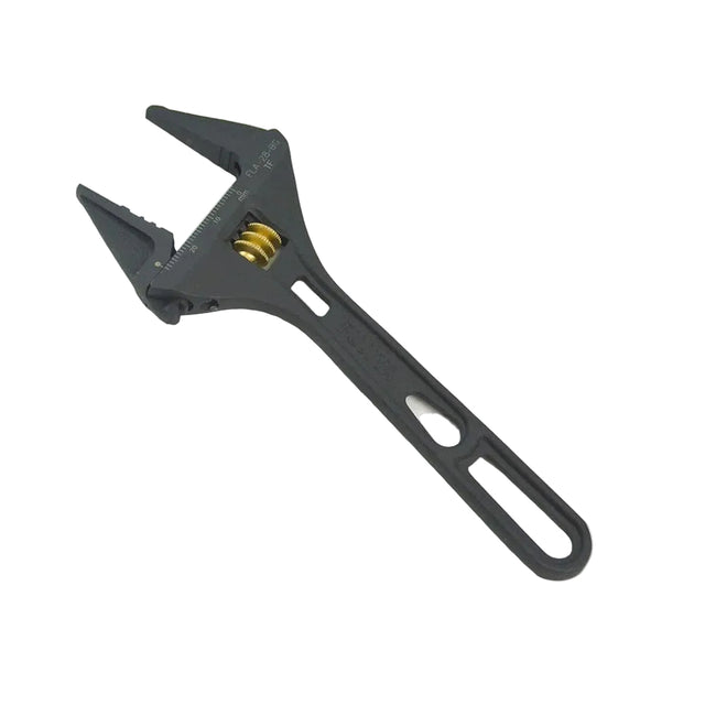 Black adjustable wrench on a light gray background