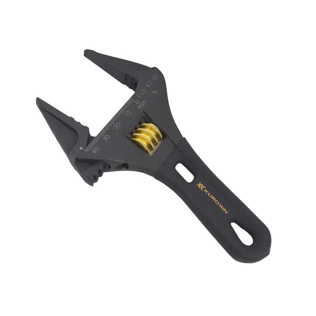 Black adjustable wrench with brand name on a white background