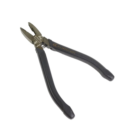 Pair of pliers with black handles on a light gray background