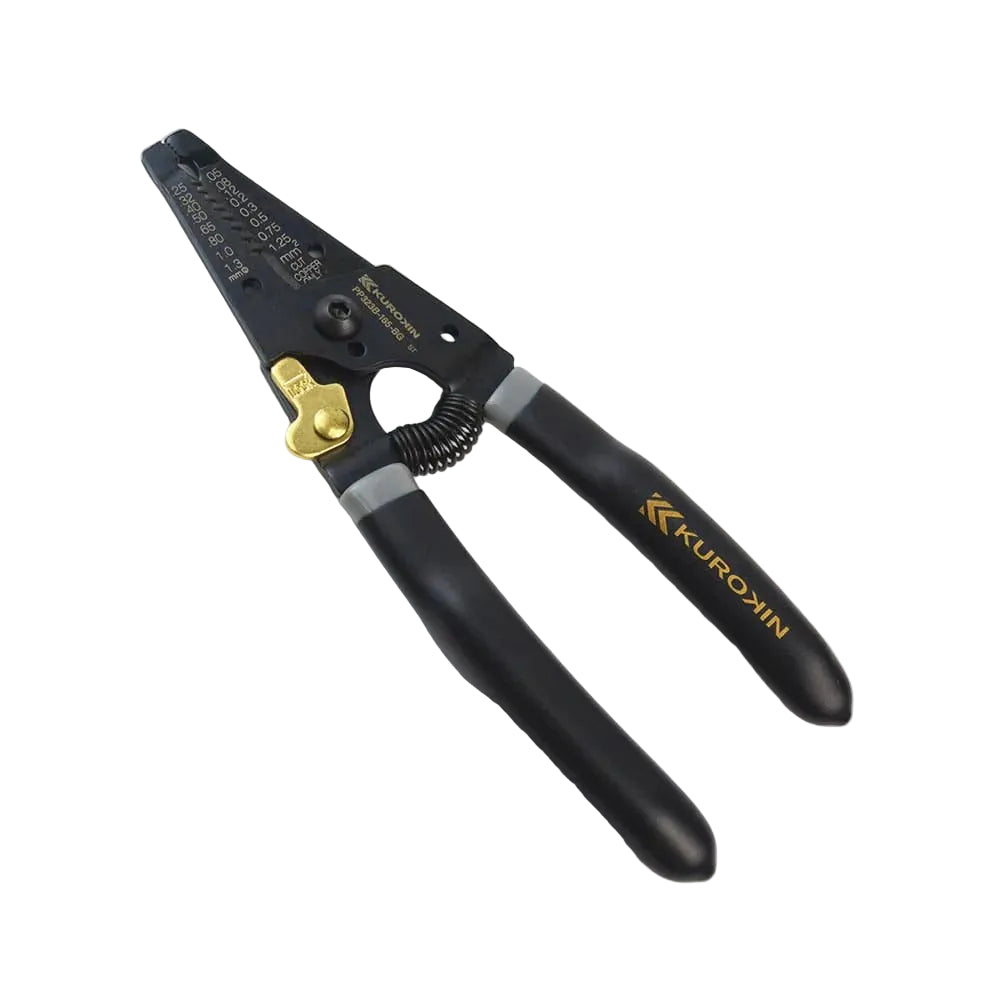 Pair of black and gold wire strippers with 'Kurokin' branding on a light gray background