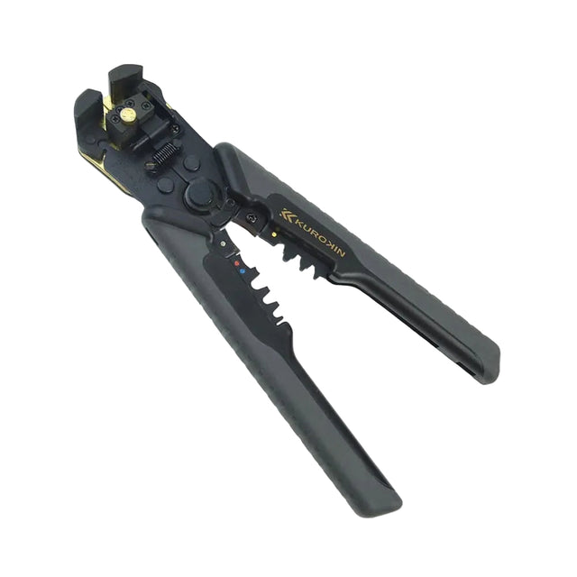 Black wire stripping tool with brand name on a light gray background