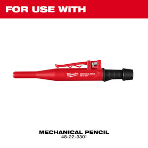 Red Milwaukee mechanical pencil on a white background with text indicating use.