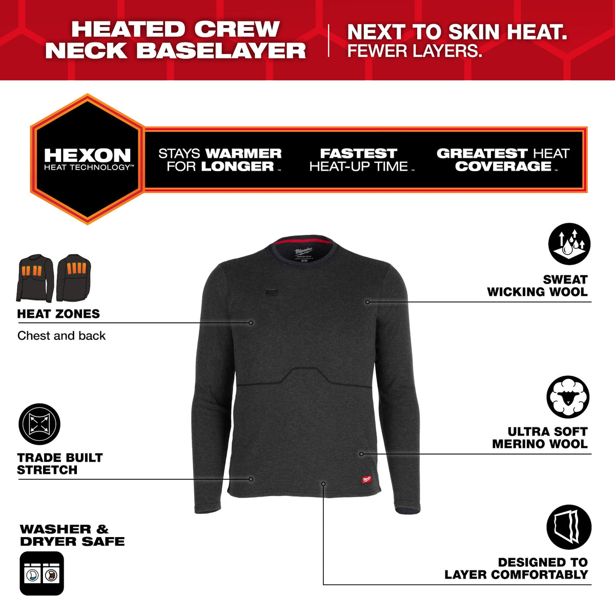 Milwaukee M500B-21  Heated Merino Wool Crew Neck Baselayer