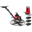 Milwaukee power trowel with battery pack and additional batteries on a white background
