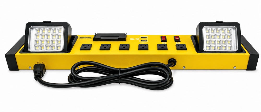 SHOPRO P010718 6- Outlet PowerStation and Dual LED Worklight with 2 USBs