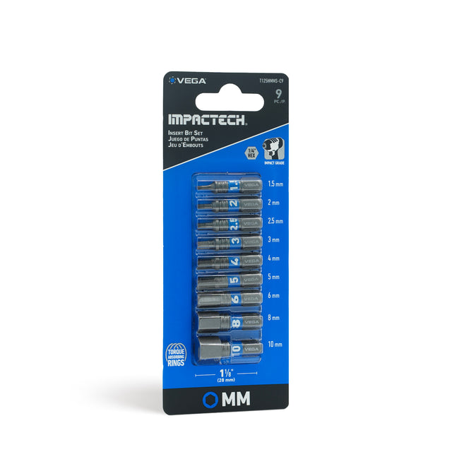 Impactech Hex MM Insert Bit Set x 1" - Carded 9pc