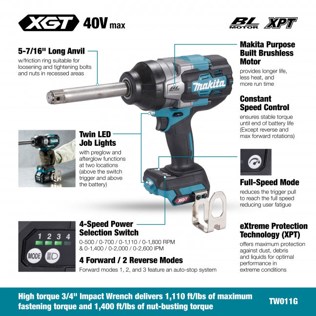 Makita TW011GZ 40Vmax XGT Brushless 3/4" Long Anvil High Torque Impact Wrench - Tool Only