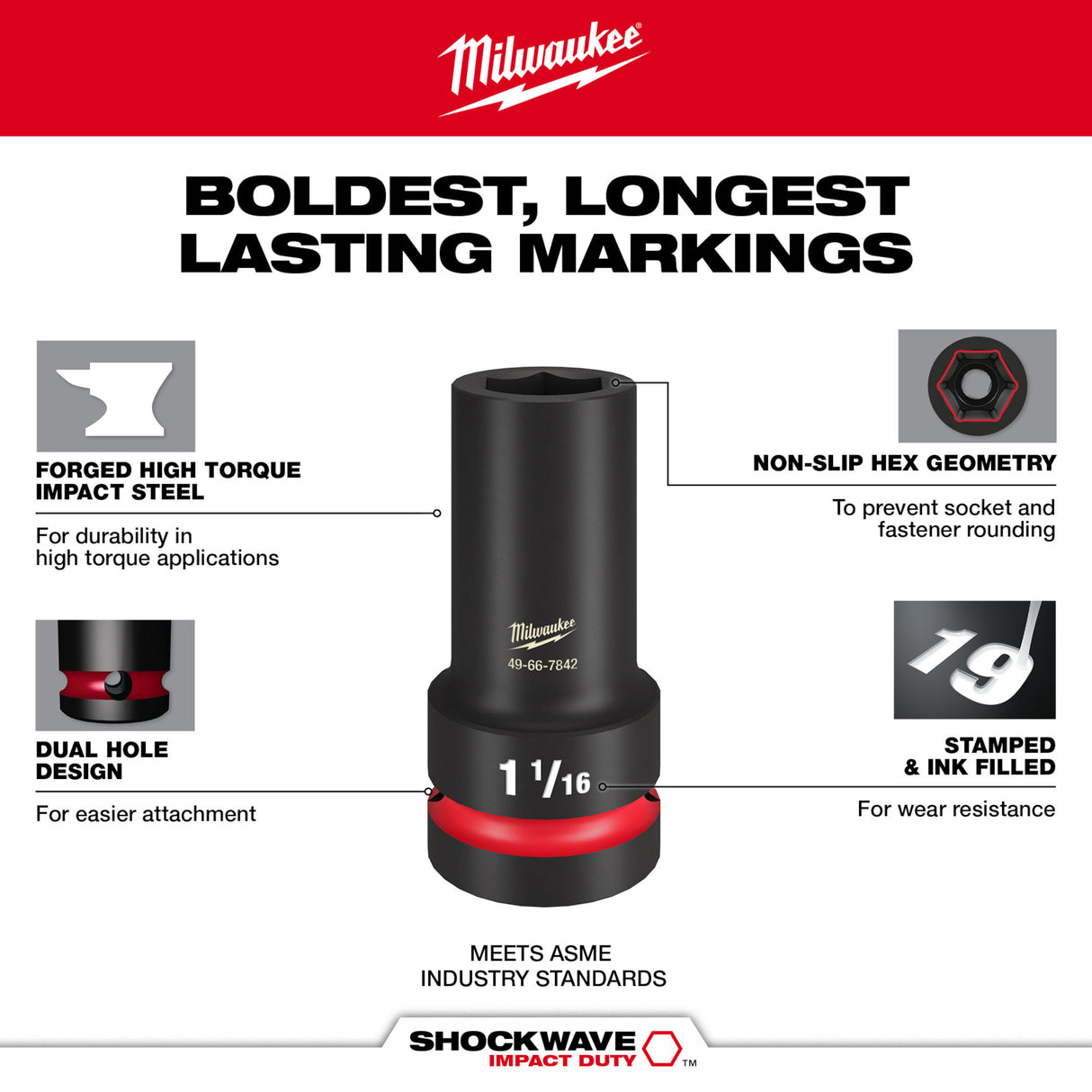 Milwaukee 49-66-7840 SHOCKWAVE Impact Duty™ 1” Drive 7PC MM & SAE Wheel Service Socket PACKOUT™ Set