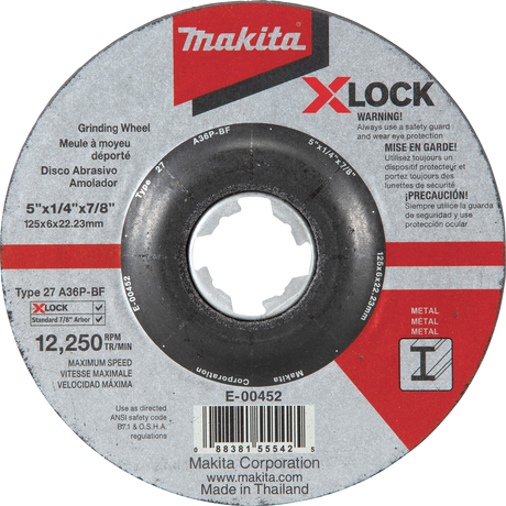 Makita E-00452 X‑LOCK 5" x 1/4" x 7/8" Type 27 General Purpose 36 Grit Metal Abrasive Grinding Wheel