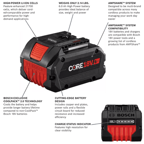 Bosch GBA18V60 - 2PK 18V CORE18V® Lithium - Ion 6 Ah High Power Battery - 2 - Pack - Mississauga Hardware Centre Inc