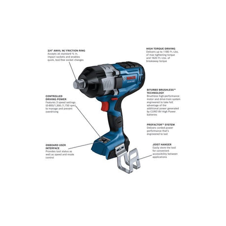 Bosch | GDS18V - 1180CN PROFACTOR 18V Connected - Ready 3/4 In. Impact Wrench with Friction Ring and Thru - Hole - Mississauga Hardware Centre Inc