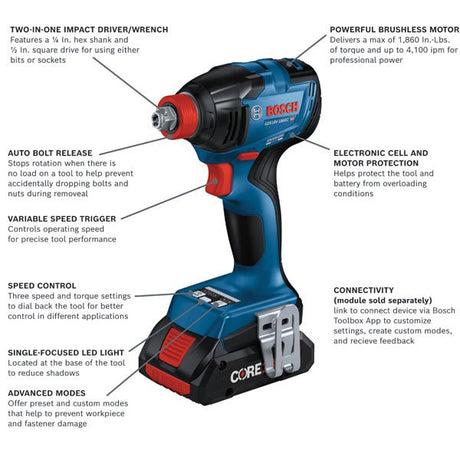 Bosch GDX18V - 1860CB15 18V Connected - Ready Two - In - One 1/4 In. and 1/2 In. Bit/Socket Impact Driver/Wrench Kit with (1) CORE18V 4 Ah Advanced Power Battery - Mississauga Hardware Centre Inc