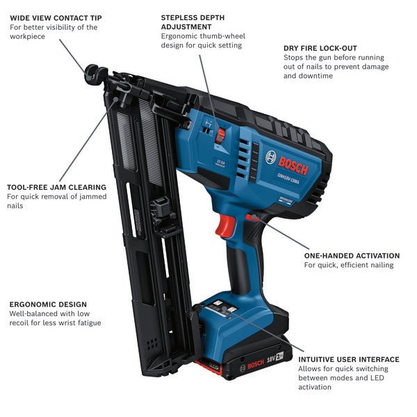 Bosch GNH18V - 15MAB12 18V Brushless 15 - Gauge Angled Finish Nailer Kit with (1) 2 Ah Standard Power Battery - Mississauga Hardware Centre Inc