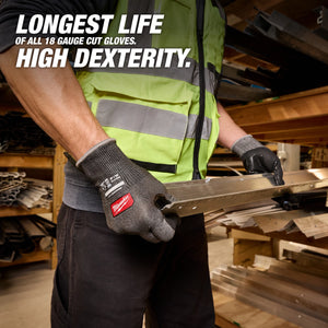 Worker wearing Milwaukee Cut Level 4 High Dexterity gloves holding metal beam