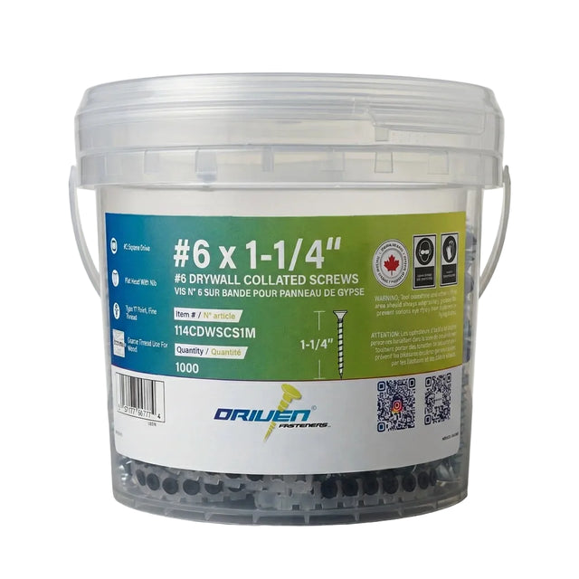 A clear plastic bucket of Driuen #6 x 1-1/4" drywall collated screws, showing the black screws inside and a blue, green, and white product label.