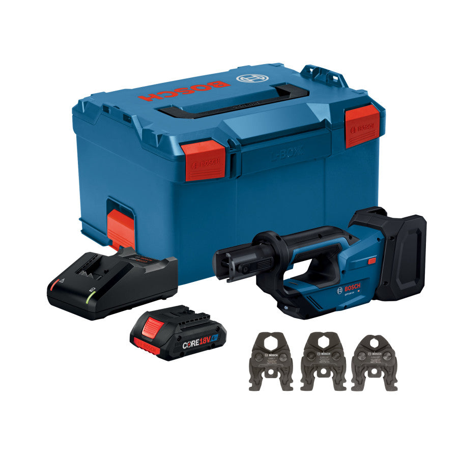 Bosch GPT18V-24L14 Press Tool Kit W/ 1/2", 3/4", and 1" Jaws, (1) CORE18V® 4 Ah Battery & (1) GAL18V-40 18V Standard Charger