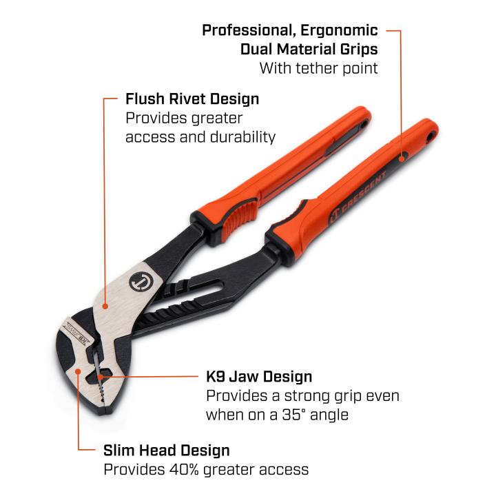 Crescent RTZ212CGR 12" Z2 K9™ Straight Jaw Tongue and Groove Plier with Dual Material Rawhide Handle - Mississauga Hardware Centre Inc