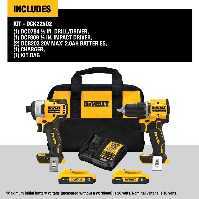 DEWALT DCK225D2 ATOMIC 20V MAX Brushles Compact Drill/Driver and Impact Driver Combo Kit - Mississauga Hardware Centre Inc